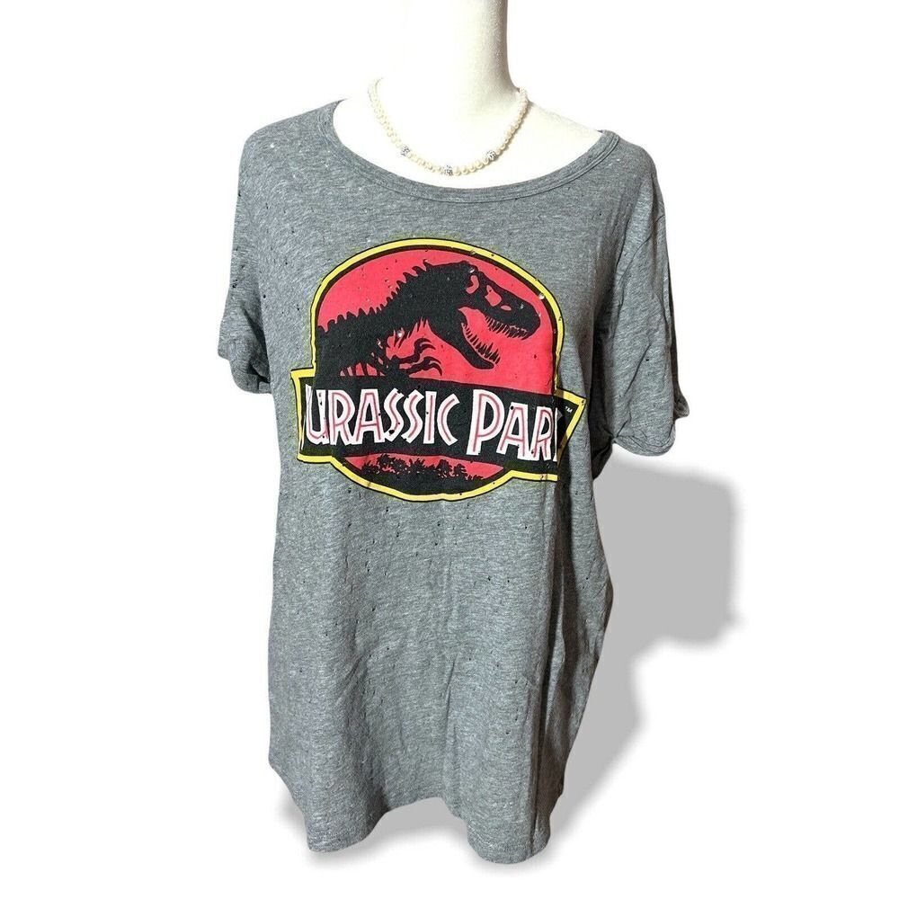 Women’s Jurassic Park 25th Anniversary Graphic T-Shirt Gray W/ Holes Sz 0